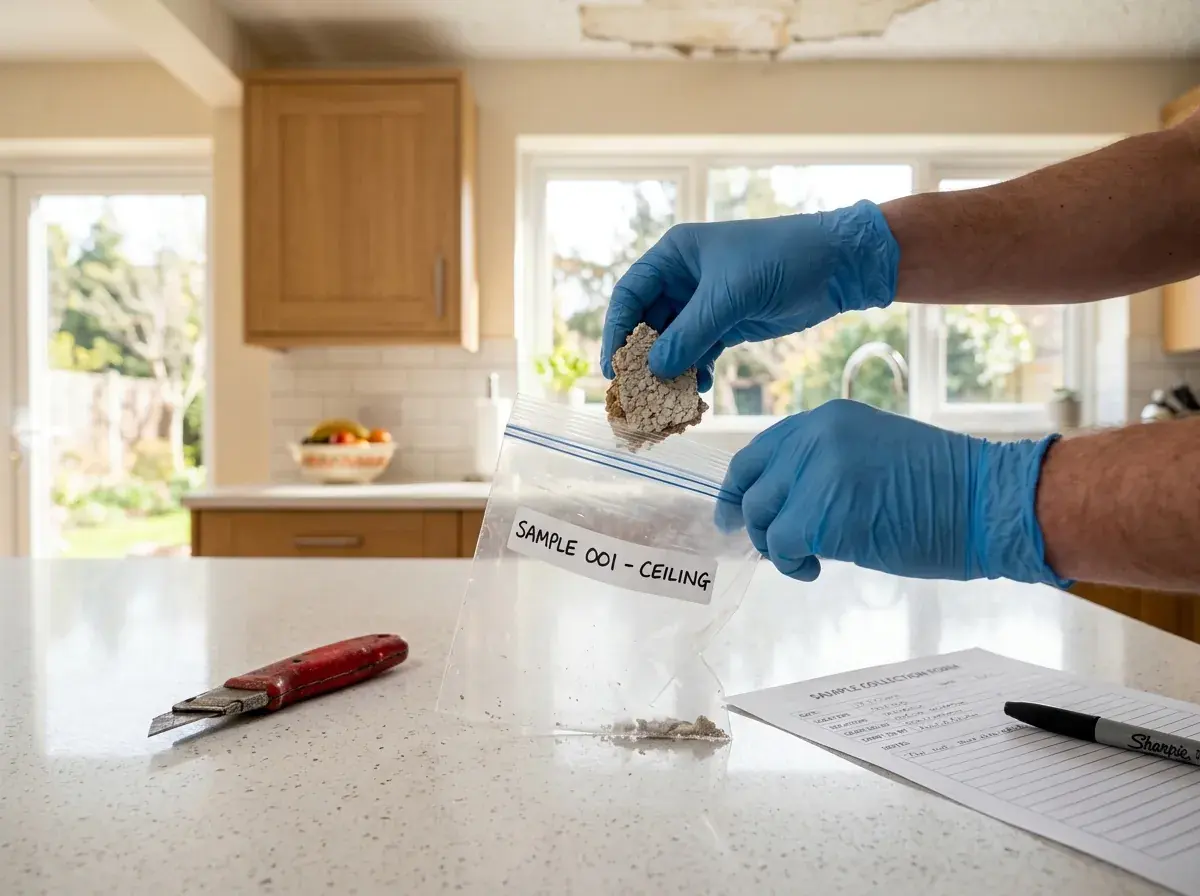 Collecting a ceiling texture sample for lab testing in a 1980s Kiawah Island, SC villa