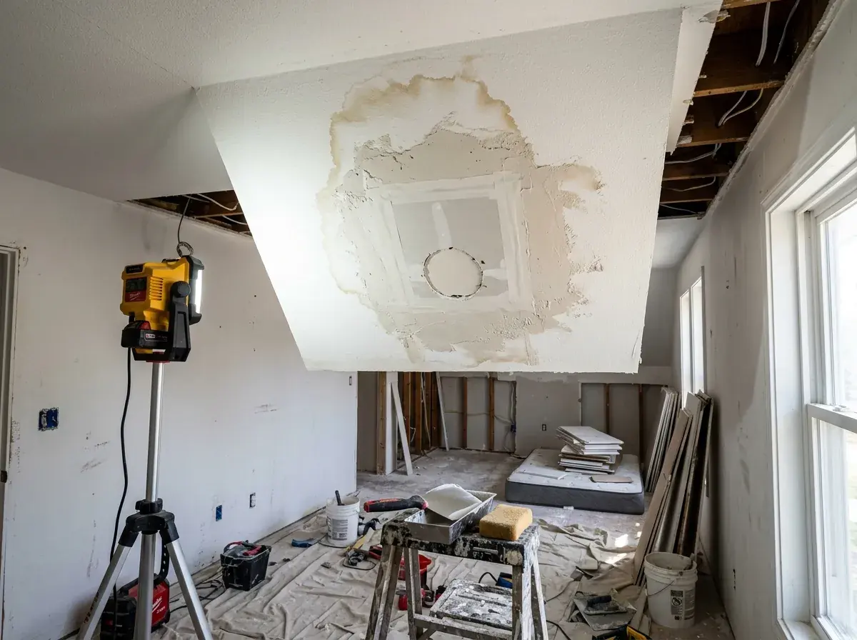 Repairing ceiling drywall before a smooth finish in a Folly Beach, SC beach house