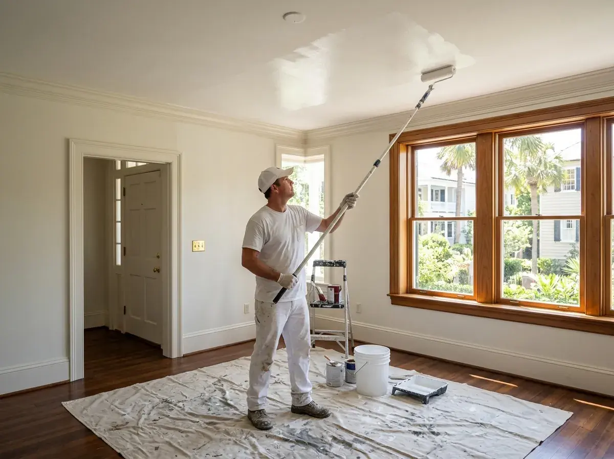 Painting a freshly smoothed ceiling in a 1980s Sullivan's Island, SC beach house