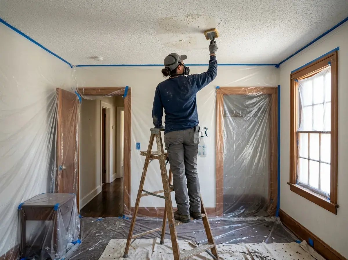 Crew scraping softened popcorn texture from a bedroom ceiling